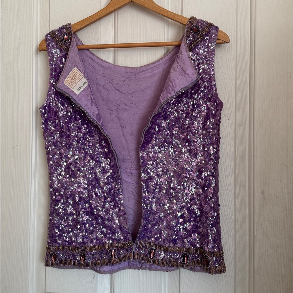 Vintage Cardell Wool Purple Sequin Rhinestone Sleeveless Evening Formal Top sz S - Picture 4 of 11